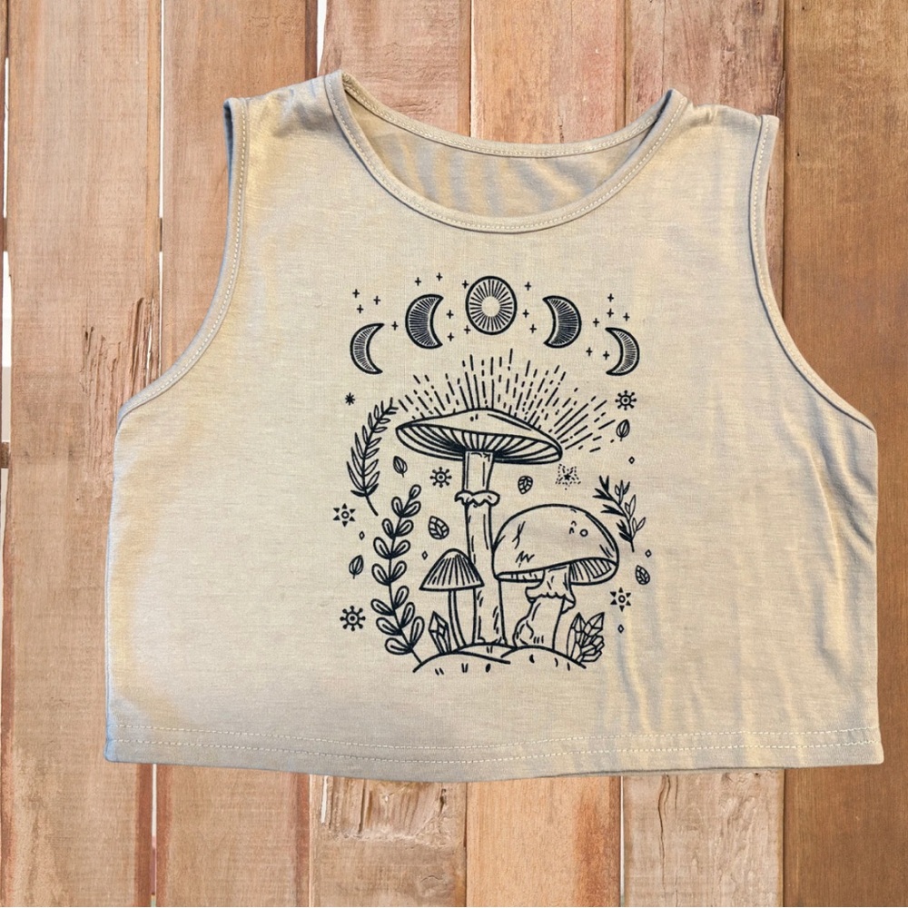 Beige Crop Top with Mushroom Print